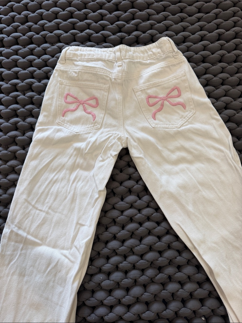 Edikted White Wide leg Jeans with Pink Bow Pocket Embroidery
